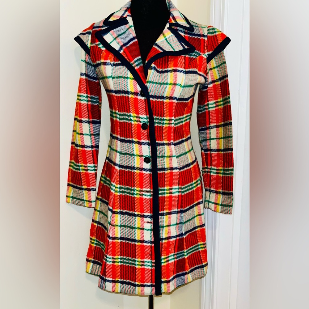 Vintage Plaid Wool Coat with Red and Blue Accents